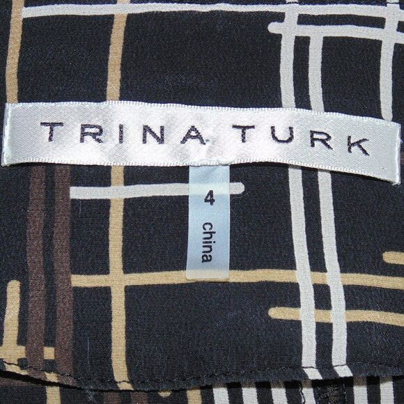 TRINA TURK Silk Blouse, 4, Bow, Browns/Tan, Crosshatch stripes, Buttons - Picture 11 of 13